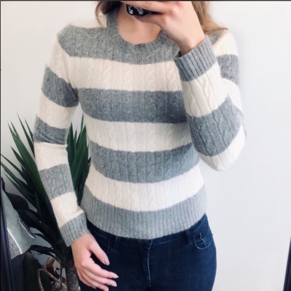 Vintage J. Crew Cream Gray Striped Cashmere Crew Neck Sweater